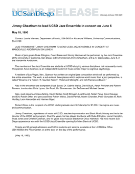 Jimmy Cheatham to Lead UCSD Jazz Ensemble in Concert on June 6