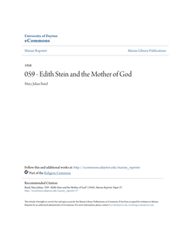 Edith Stein and the Mother of God Mary Julian Baird