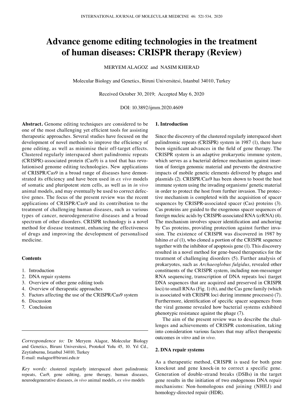 Advance Genome Editing Technologies in the Treatment of Human Diseases: CRISPR Therapy (Review)