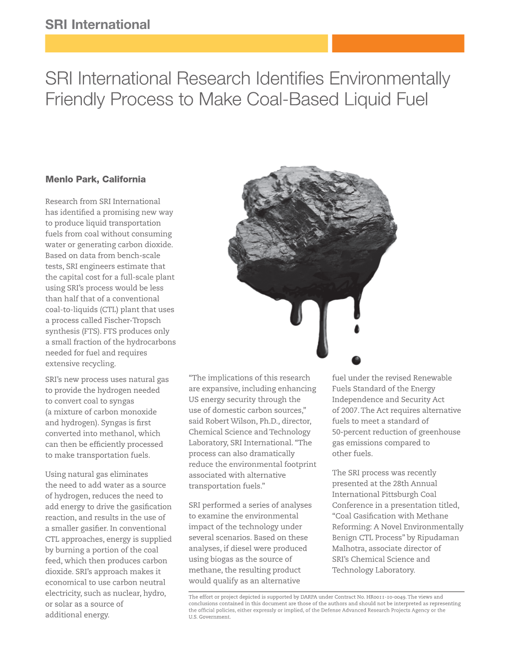 SRI International Research Identifies Environmentally Friendly Process to Make Coal-Based Liquid Fuel