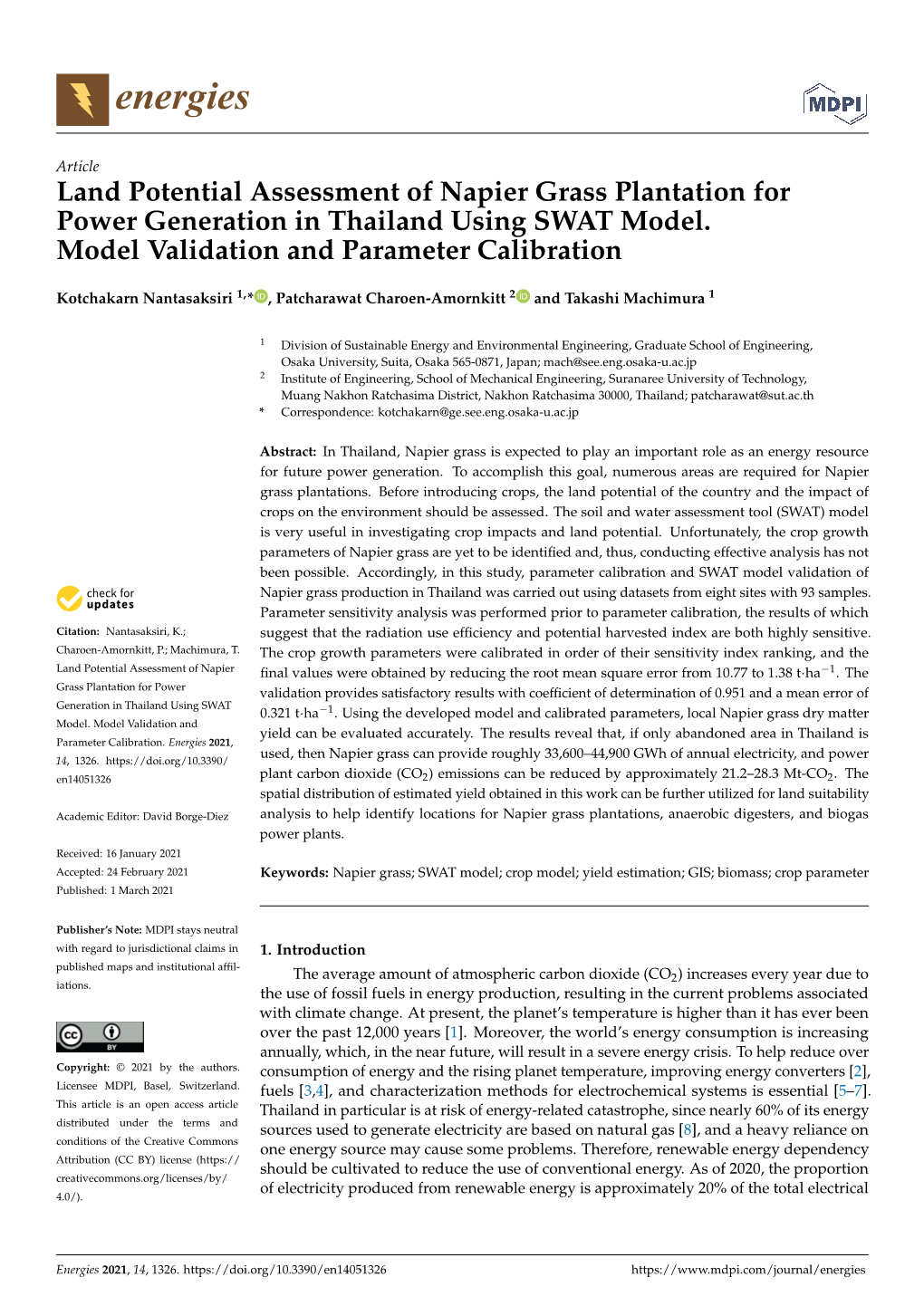 Land Potential Assessment of Napier Grass Plantation for Power Generation in Thailand Using SWAT Model