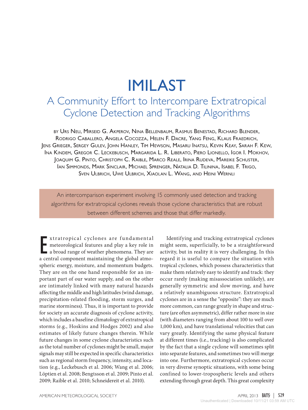 IMILAST a Community Effort to Intercompare Extratropical Cyclone Detection and Tracking Algorithms