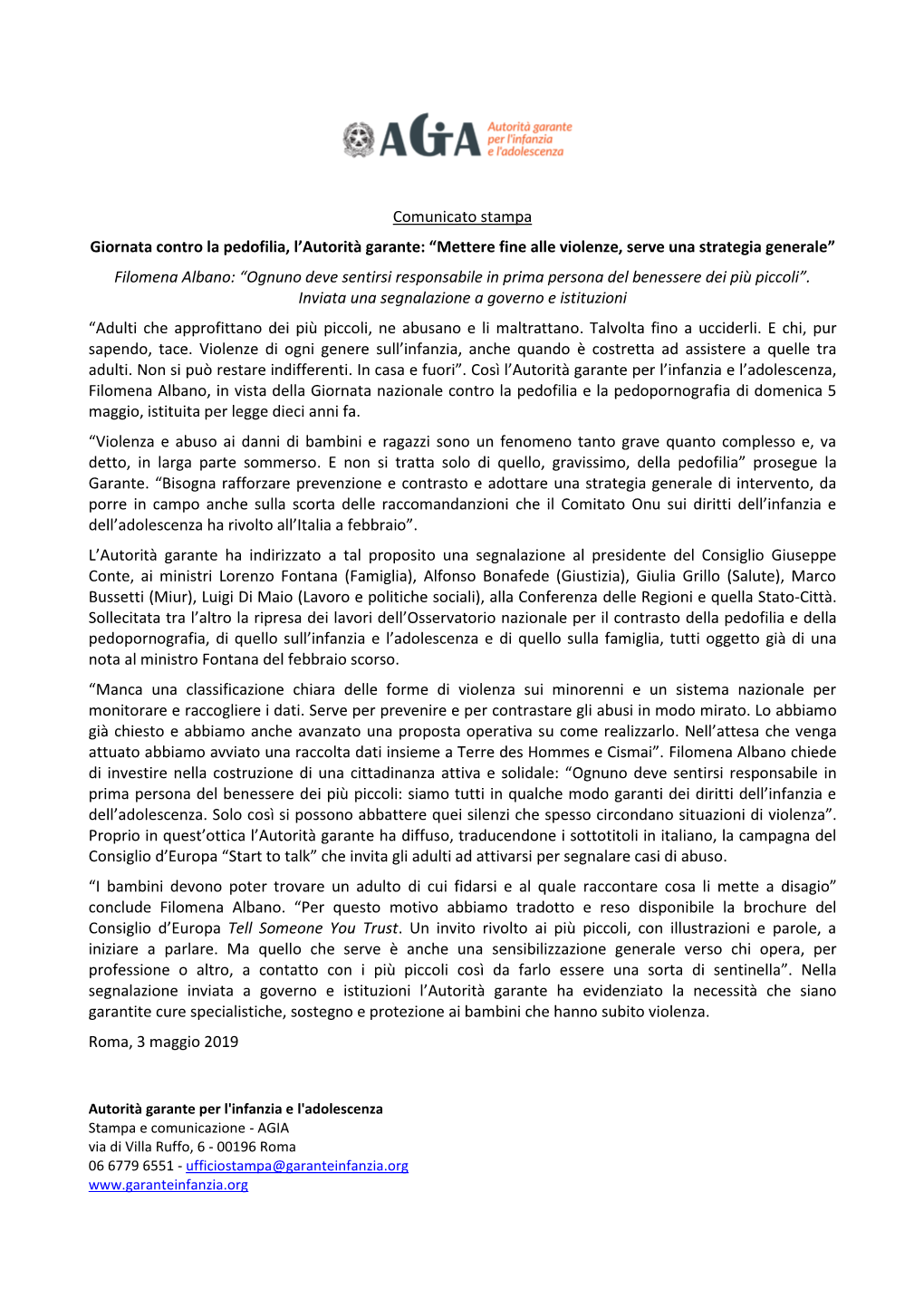 Comunicato Stampa Giornata Contro La Pedofilia, L'autorità Garante