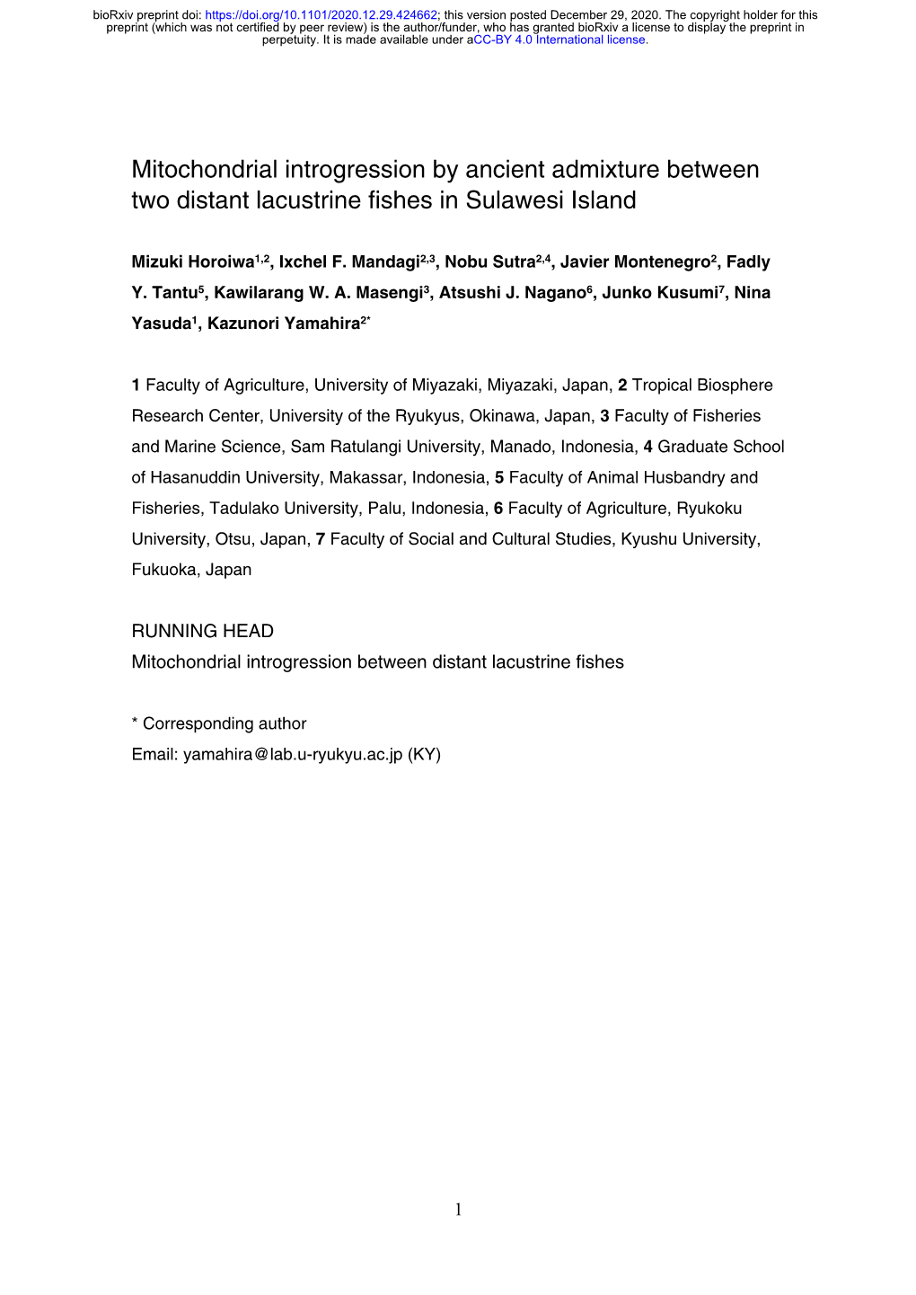 Mitochondrial Introgression by Ancient Admixture Between Two Distant Lacustrine Fishes in Sulawesi Island