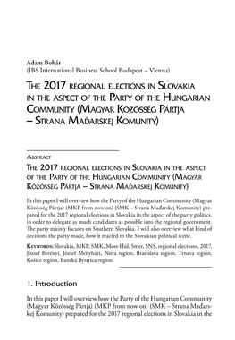The 2017 Regional Elections in Slovakia in the Aspect of the Party of the Hungarian Community (Magyar Közösség Pártja – Strana Maďarskej Komunity)