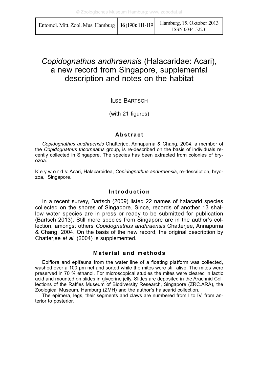 Copidognathus Andhraensis (Halacaridae: Acari), a New Record from Singapore, Supplemental Description and Notes on the Habitat