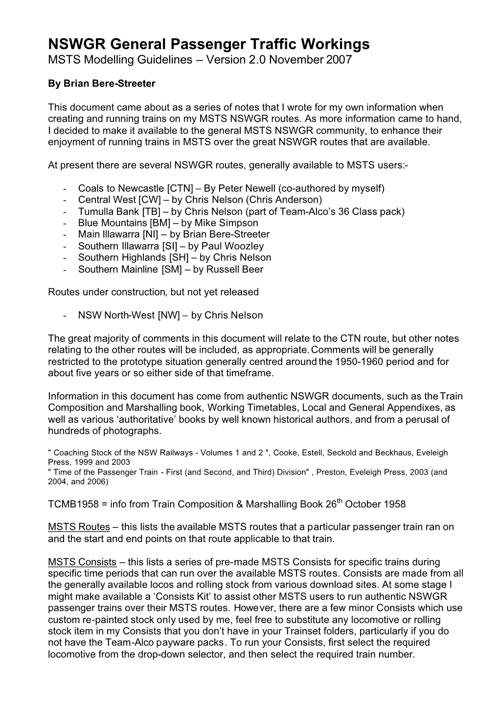 NSWGR General Passenger Traffic Workings MSTS Modelling Guidelines – Version 2.0 November 2007