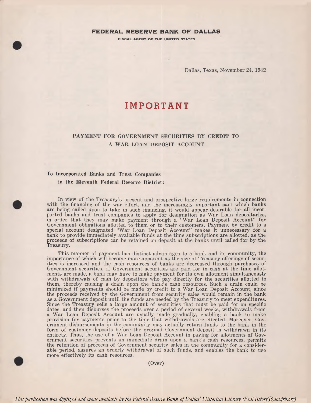 Payment for Government Securities by Credit to a War Loan Deposit Account