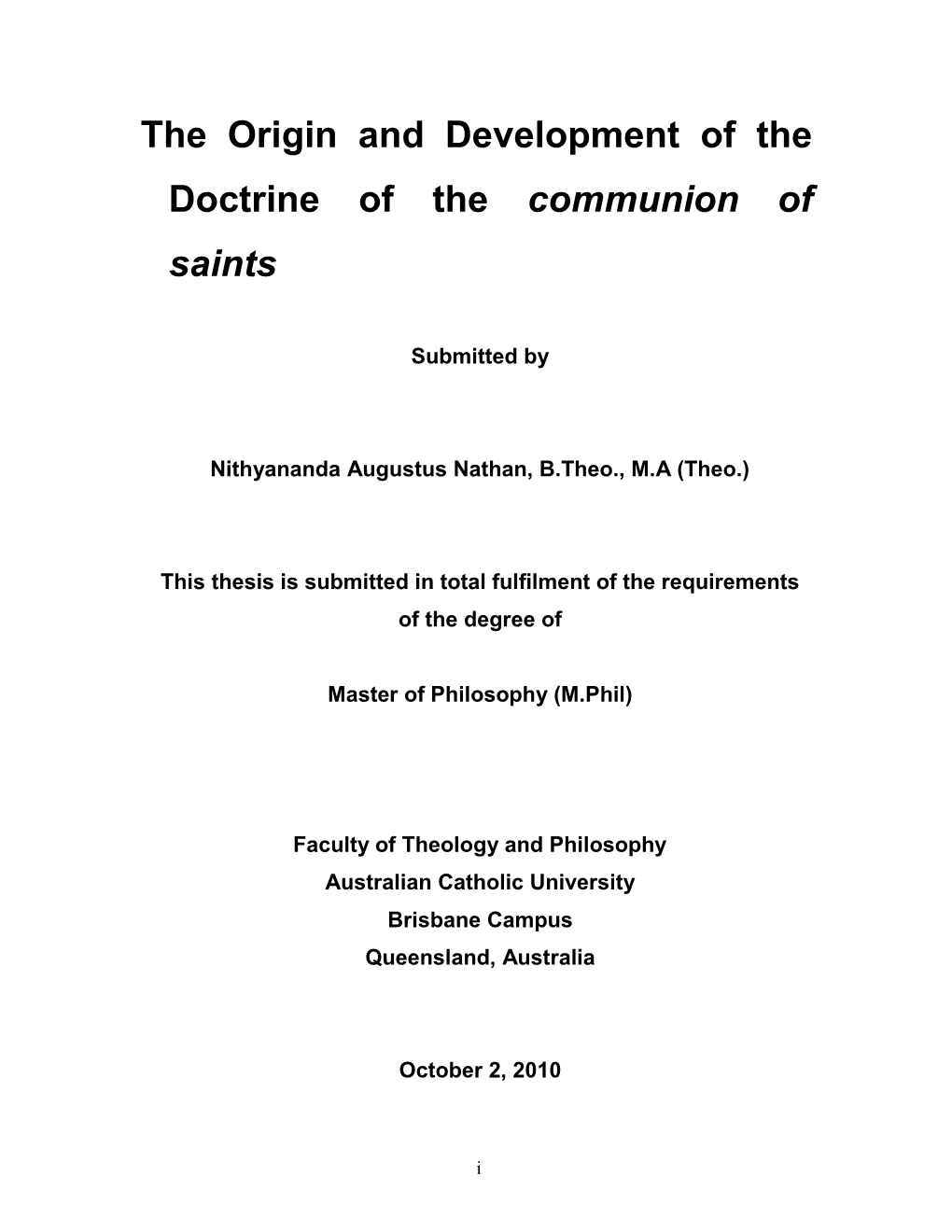 The Origin and Development of the Doctrine of the Communion of Saints