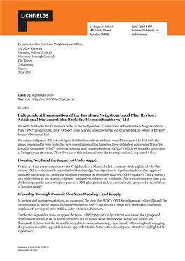 Independent Examination of the Farnham Neighbourhood Plan Review: Additional Statement Obo Berkeley Homes (Southern) Ltd