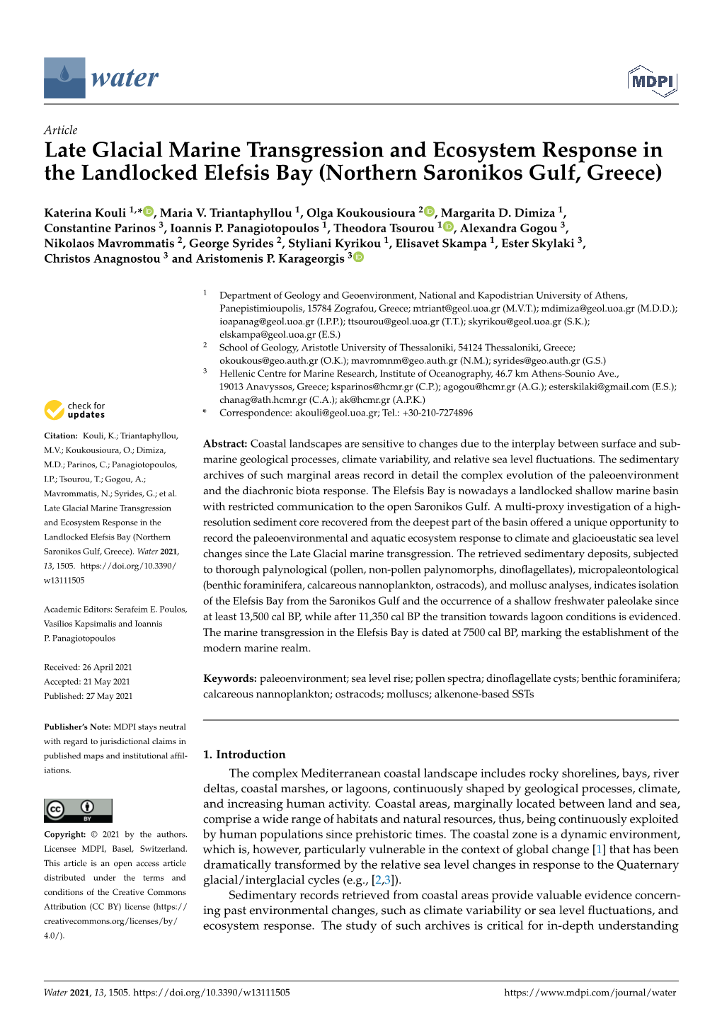 Late Glacial Marine Transgression and Ecosystem Response in the Landlocked Elefsis Bay (Northern Saronikos Gulf, Greece)