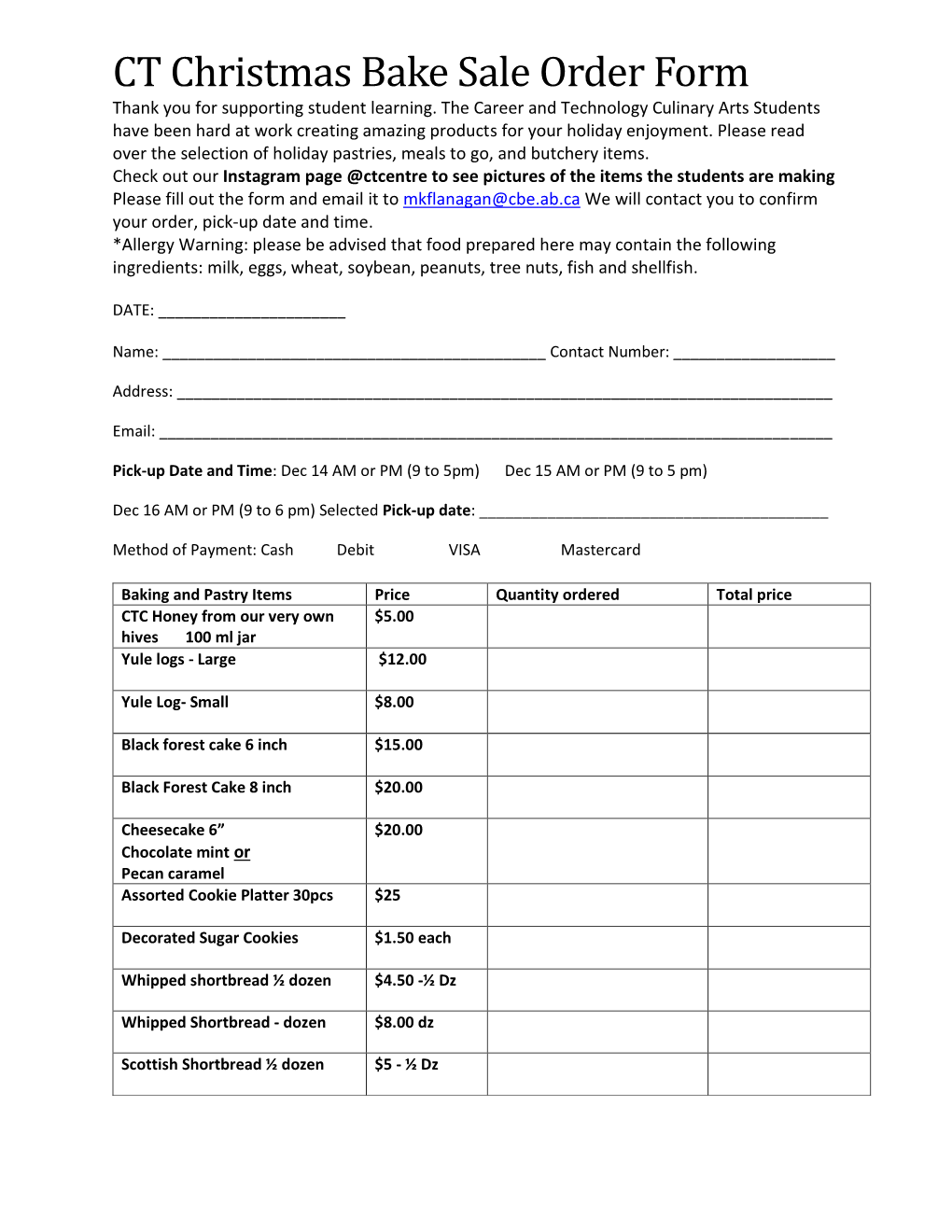 CT Christmas Bake Sale Order Form Thank You for Supporting Student Learning