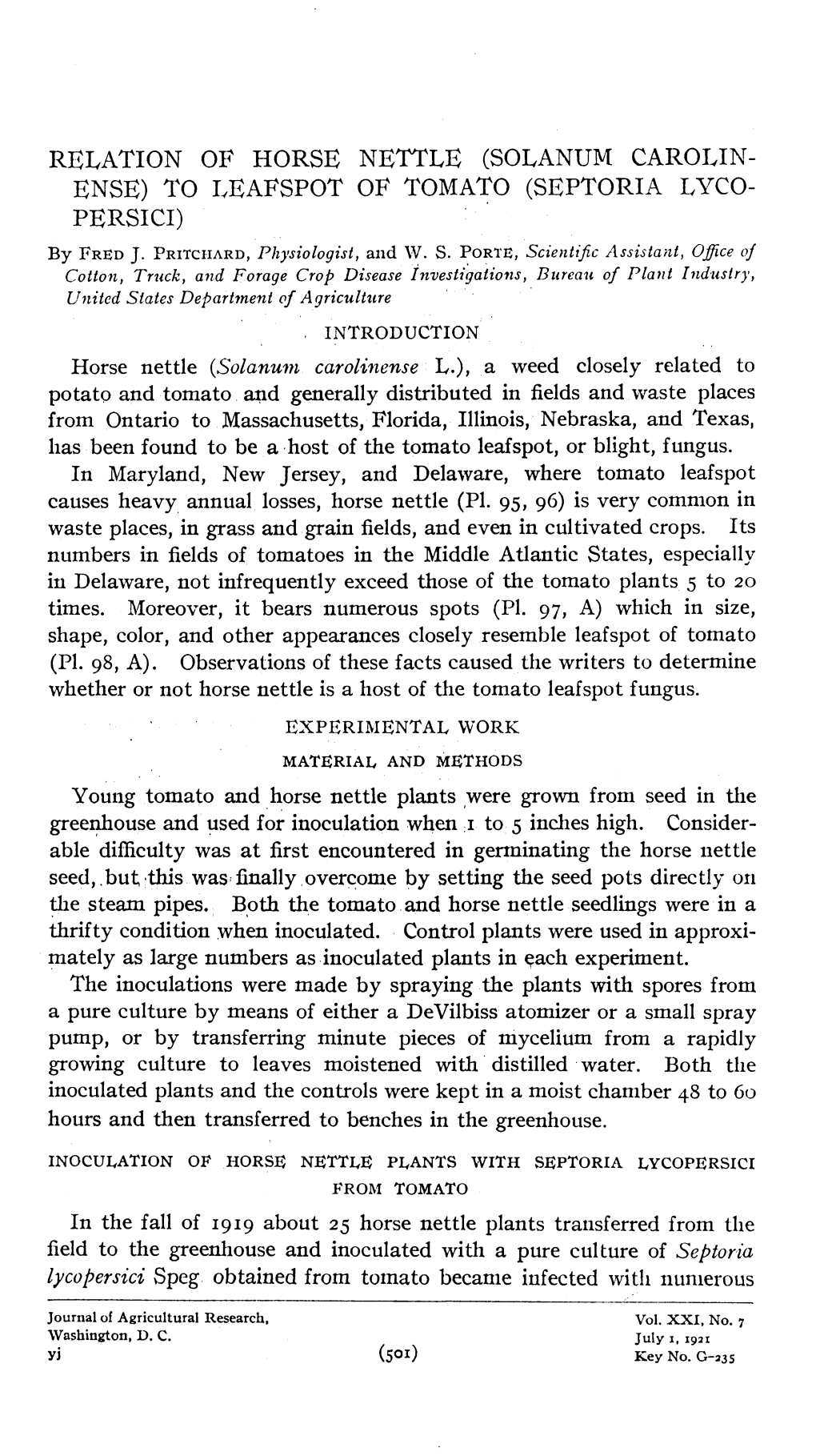 TO LEAFSPOT of TOMATO (SEPTORIA LYCO- PERSICI) by FRED J