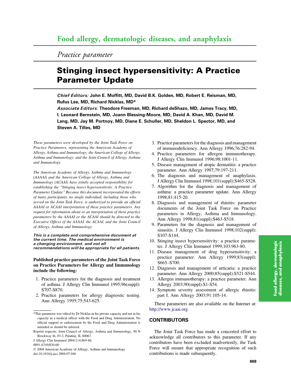 Practice Parameter Stinging Insect Hypersensitivity: a Practice Parameter Update