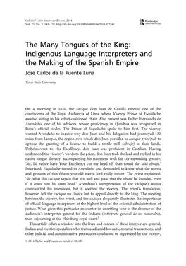 The Many Tongues of the King: Indigenous Language Interpreters and the Making of the Spanish Empire José Carlos De La Puente Luna