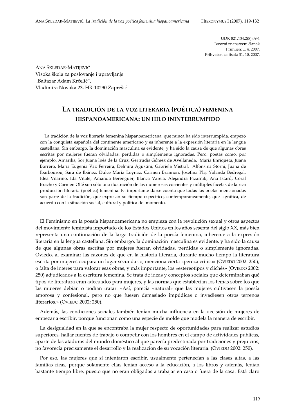 La Tradición De La Voz Literaria (Poética) Femenina Hispanoamericana: Un Hilo Ininterrumpido