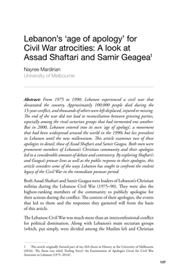 For Civil War Atrocities: a Look at Assad Shaftari and Samir Geagea1 Nayree Mardirian University of Melbourne