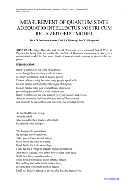 Measurement of Quantum State: Adequatio Intellectus Nostri Cum Re -A Zeitgeist Model
