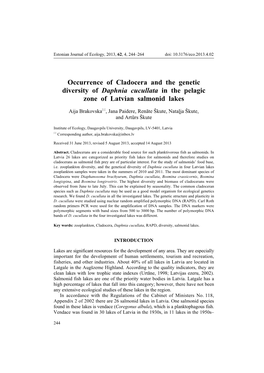 Occurrence of Cladocera and the Genetic Diversity of Daphnia Cucullata in the Pelagic Zone of Latvian Salmonid Lakes