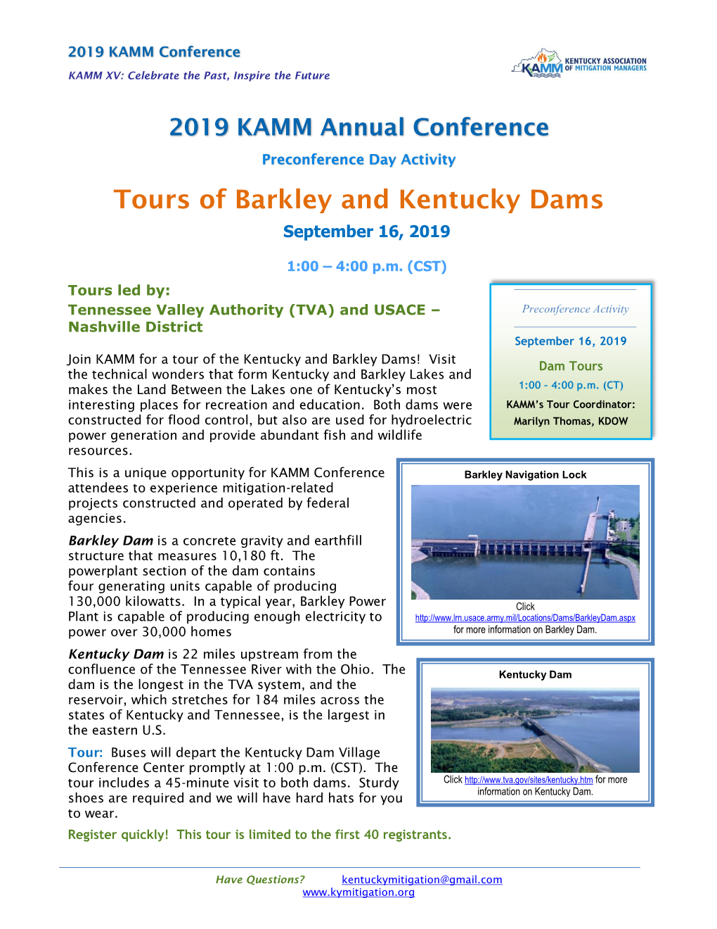Tours of Barkley and Kentucky Dams September 16, 2019