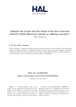 Maksim the Greek and the Death of the First Tsarevich Dmitrii (1553) Historical Episode Or Edifying Anecdote ? Pierre Gonneau