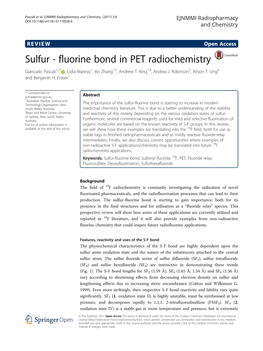 Sulfur - Fluorine Bond in PET Radiochemistry Giancarlo Pascali1,2* , Lidia Matesic1, Bo Zhang1,3, Andrew T