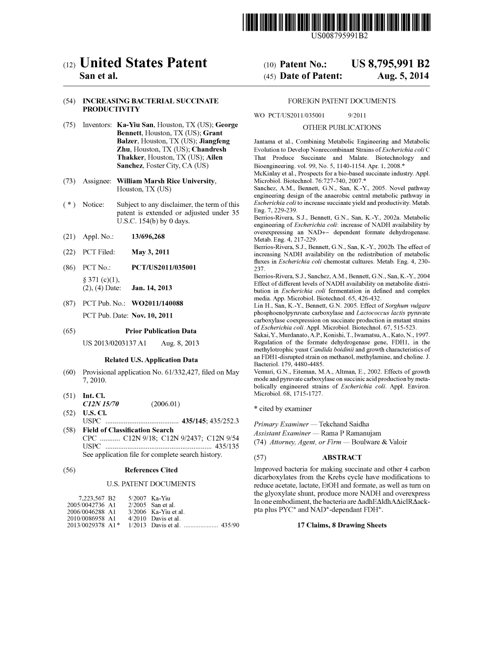 C12) United States Patent (10) Patent No.: US 8, 795,991 B2 San Et Al