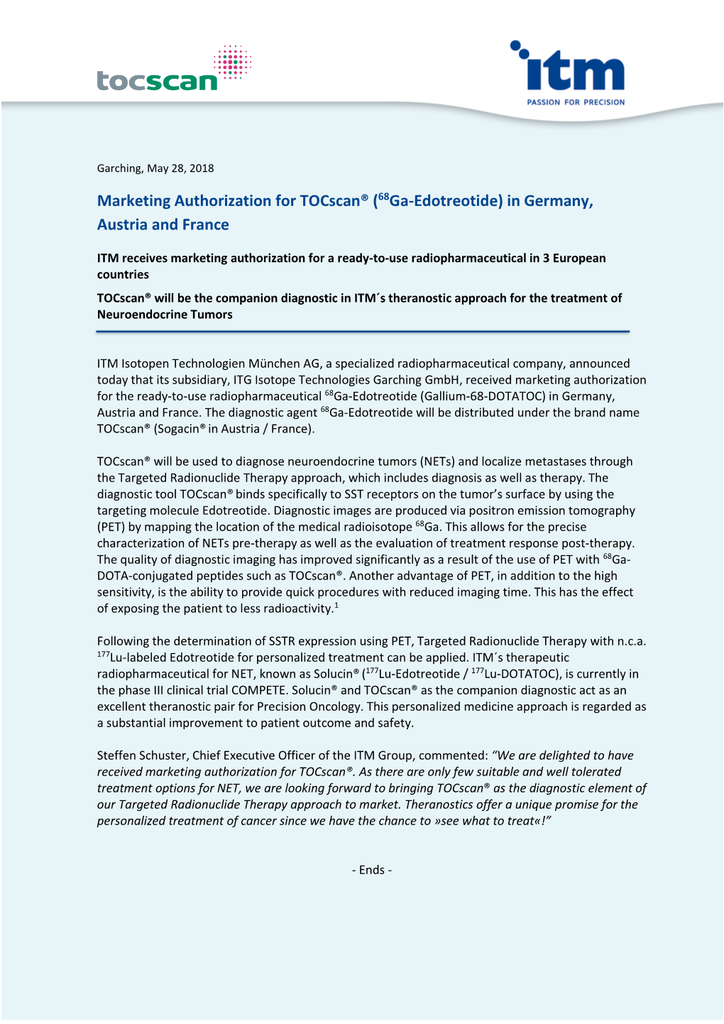 Marketing Authorization for Tocscan® (68Ga-Edotreotide) in Germany, Austria and France