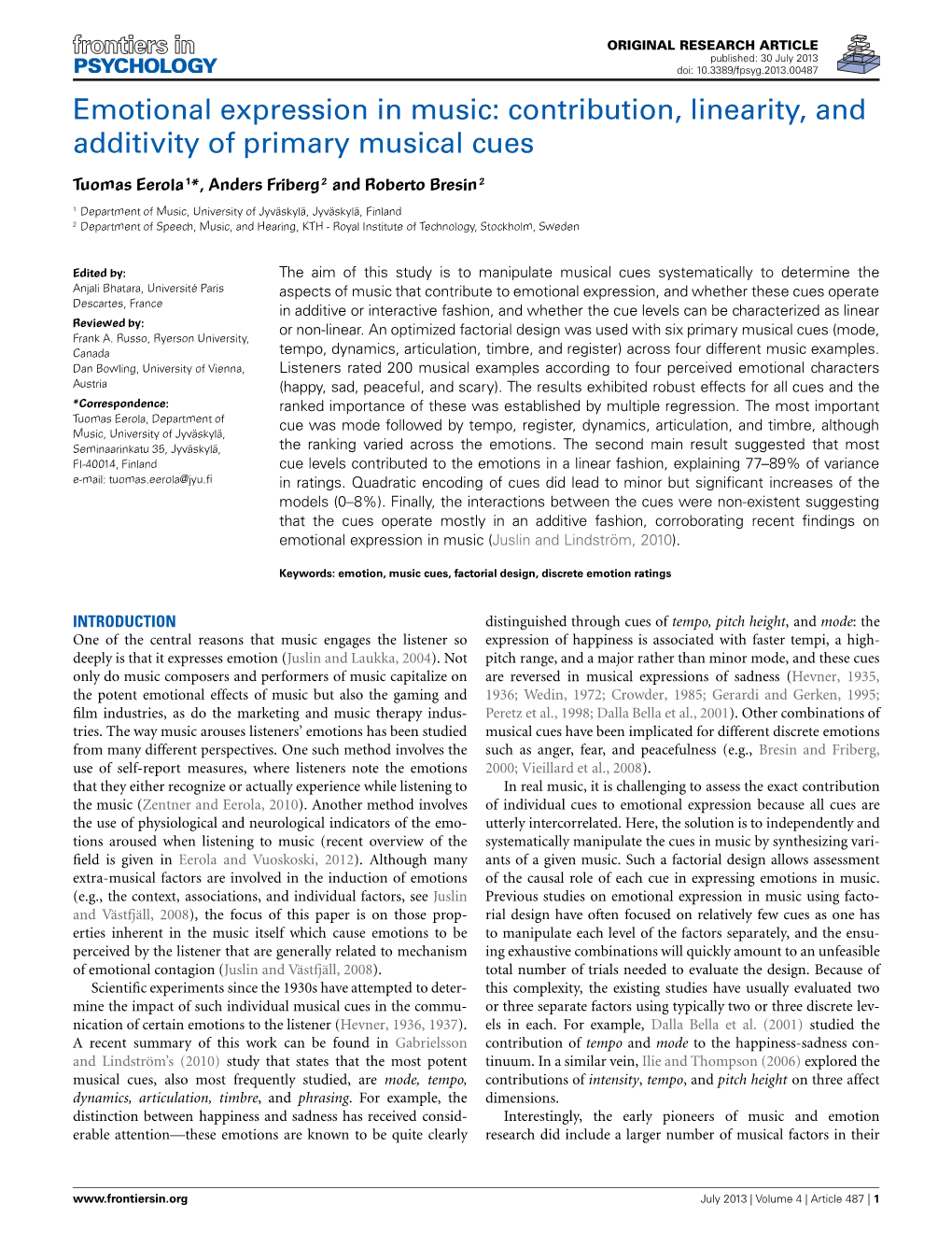 Emotional Expression in Music: Contribution, Linearity, and Additivity of Primary Musical Cues