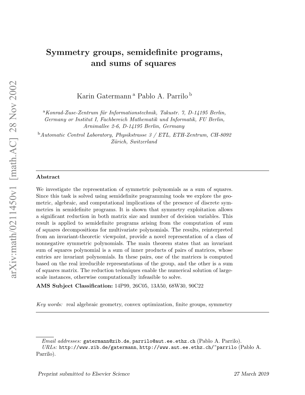 Symmetry Groups, Semidefinite Programs, and Sums of Squares