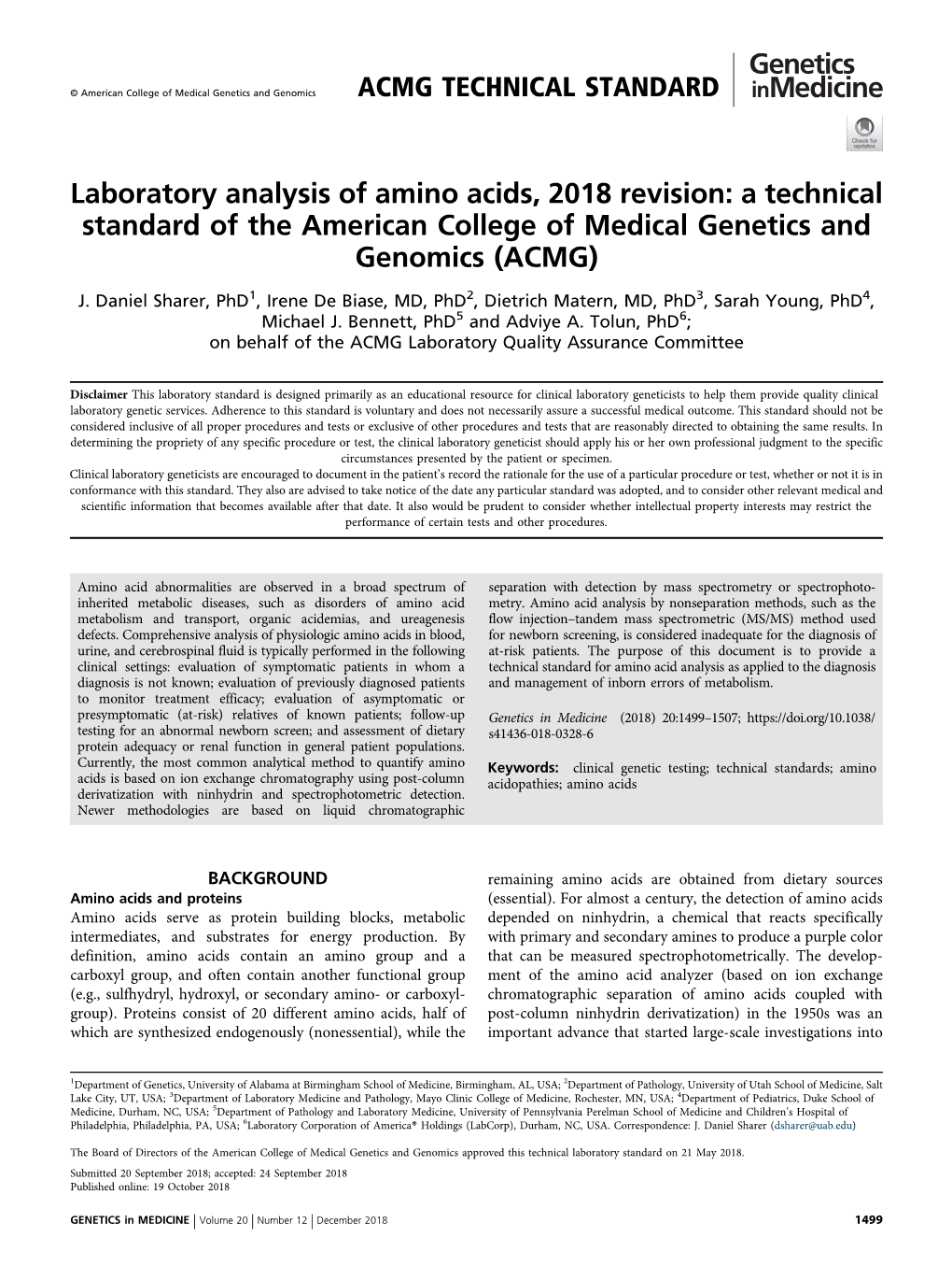 Laboratory Analysis of Amino Acids, 2018 Revision: a Technical Standard of the American College of Medical Genetics and Genomics (ACMG)