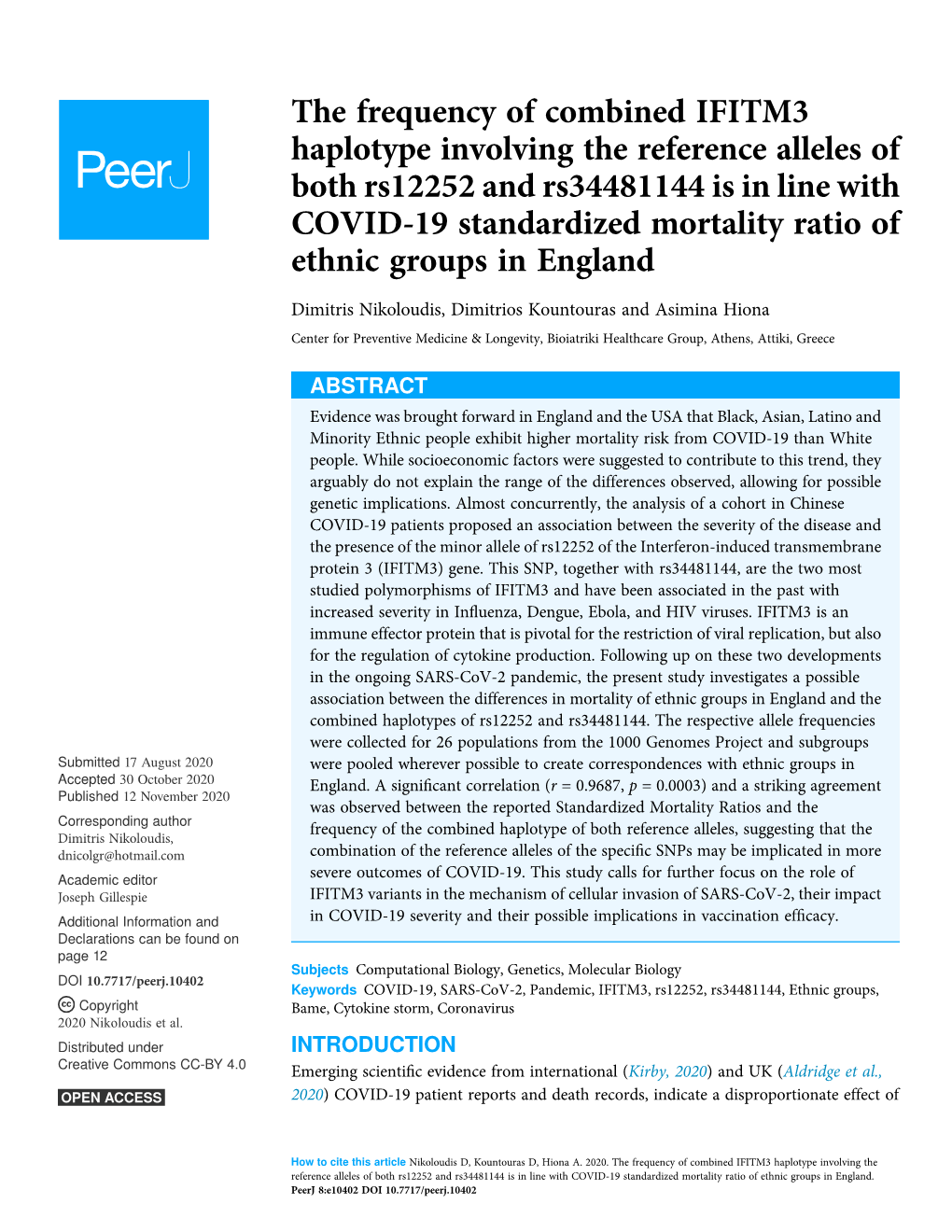 The Frequency of Combined IFITM3 Haplotype Involving The