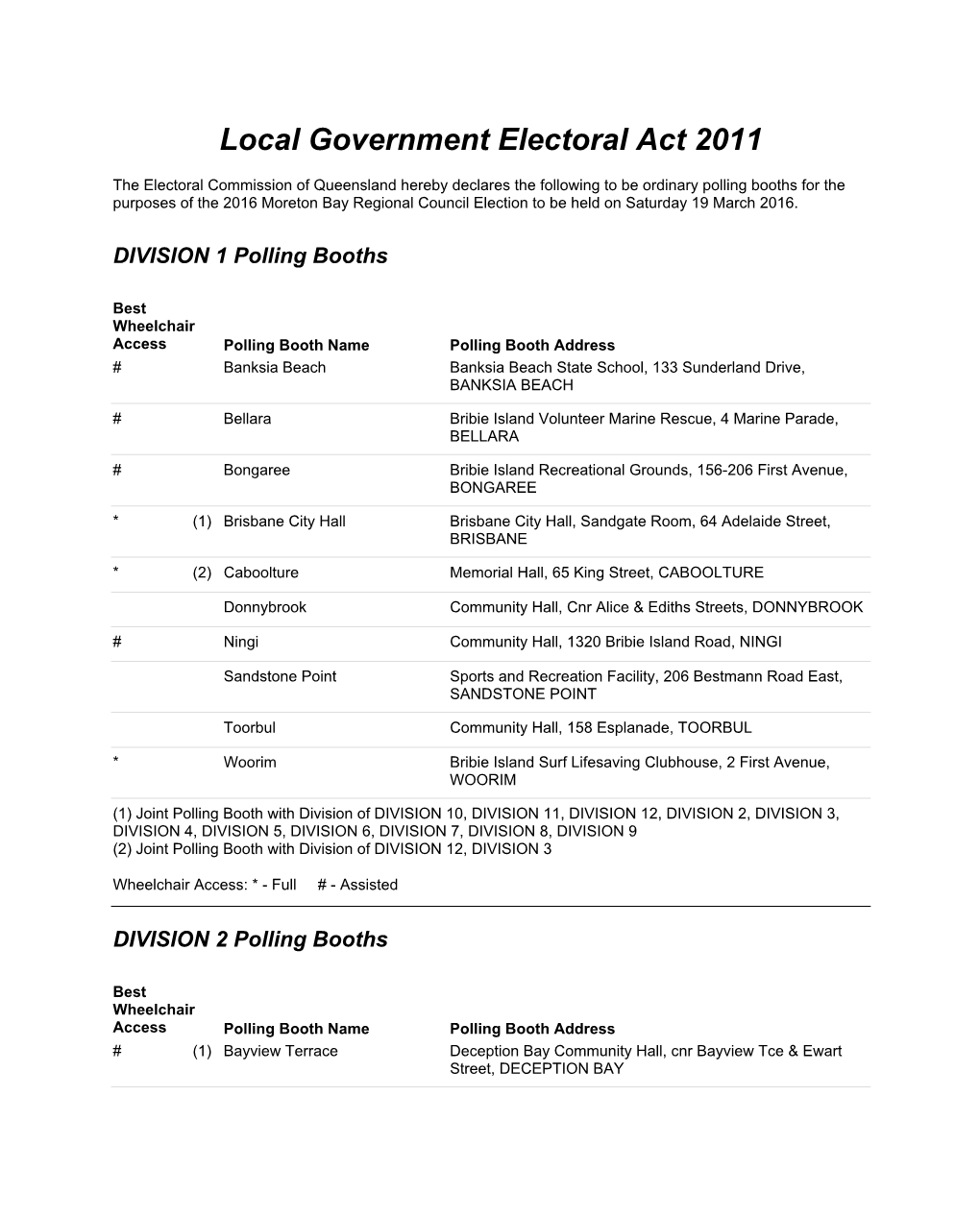 Polling Booths for the Purposes of the 2016 Moreton Bay Regional Council Election to Be Held on Saturday 19 March 2016