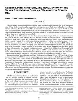 Geology, Mining History, and Reclamation of the Silver Reef Mining District, Washington County, Utah