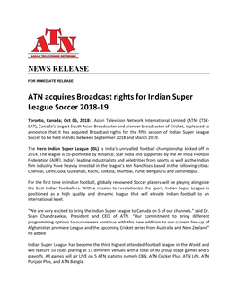 ATN Acquires Broadcast Rights for Indian Super League Soccer 2018-19