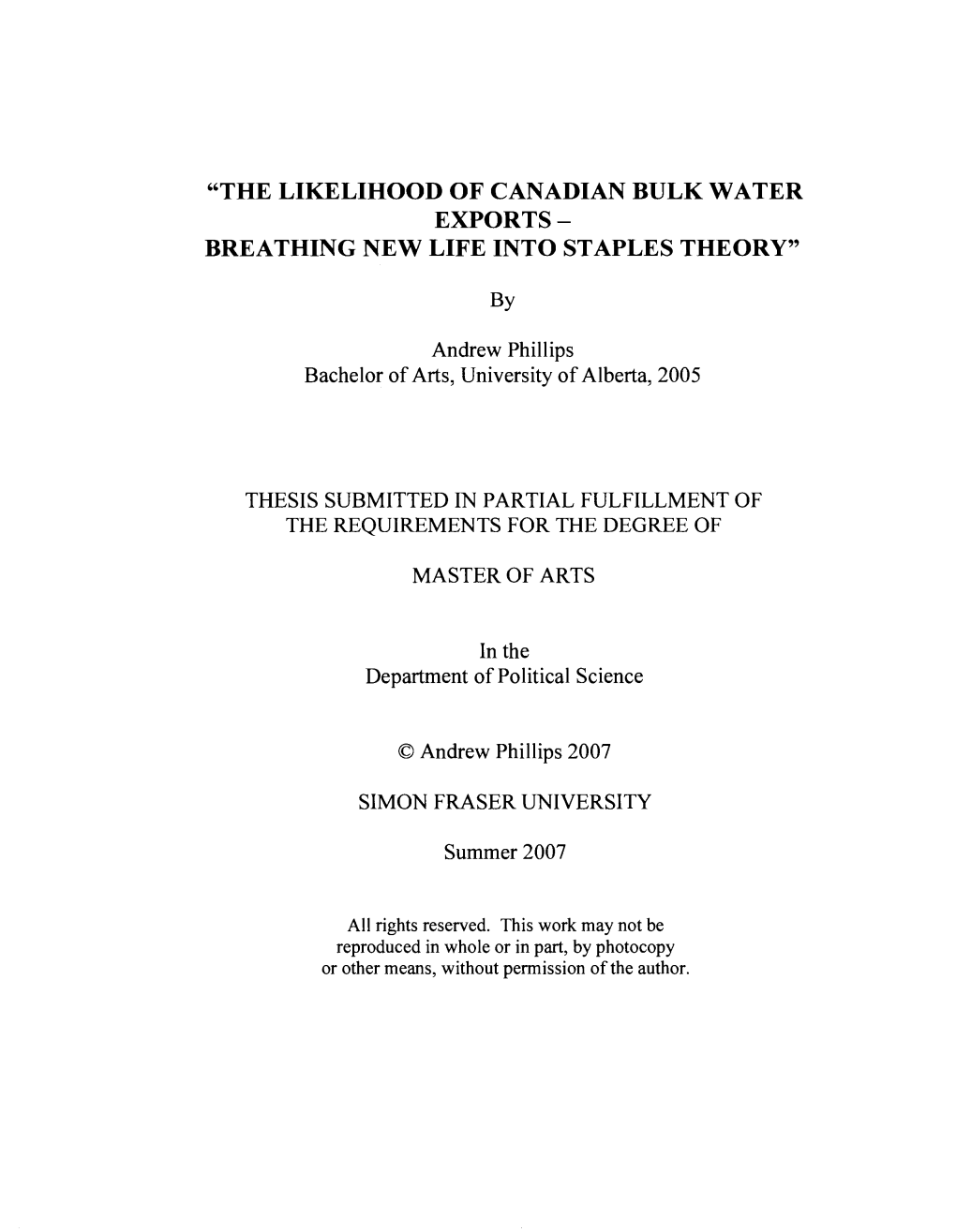 The Likelihood of Canadian Bulk Water Exports - Breathing New Life Into Staples Theory"