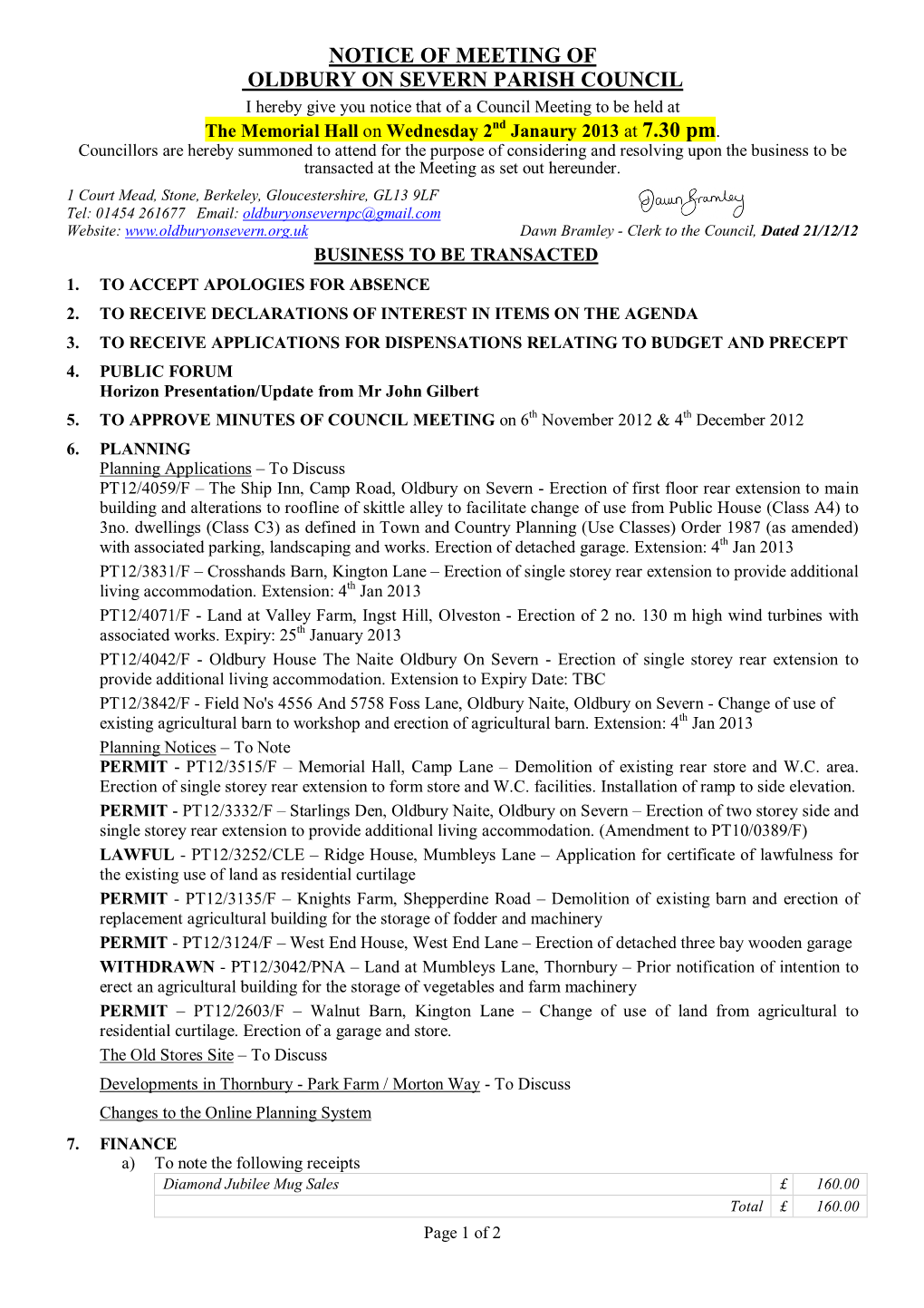 Notice of Meeting of Oldbury on Severn Parish Council