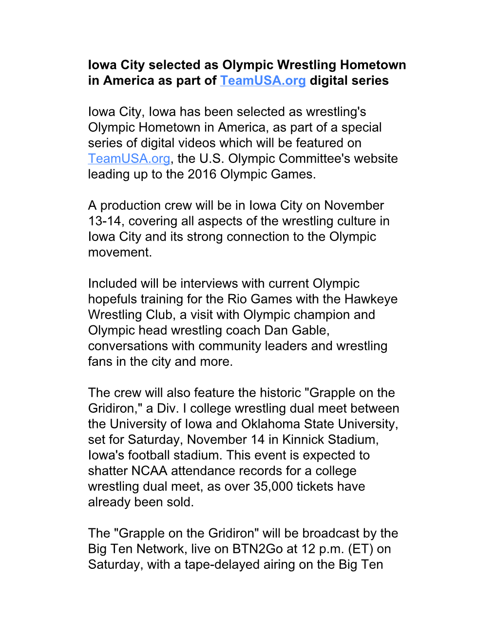 Iowa City Selected As Olympic Wrestling Hometown in America As Part of Teamusa.Org Digital Series