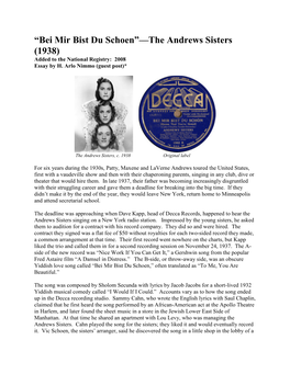 “Bei Mir Bist Du Schoen”—The Andrews Sisters (1938) Added to the National Registry: 2008 Essay by H