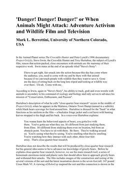 'Danger! Danger! Danger!' Or When Animals Might Attack: Adventure Activism and Wildlife Film and Television Mark L