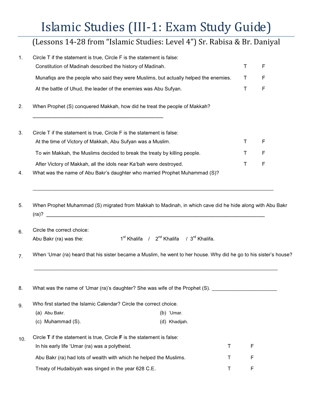 Islamic Studies (Level 4: Exam 3)