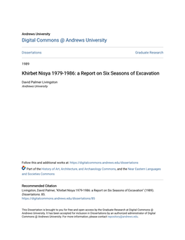 Khirbet Nisya 1979-1986: a Report on Six Seasons of Excavation