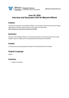 June 29, 2020 Interview and Discussion with Sir Malcolm Rifkind