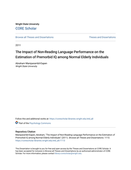 The Impact of Non-Reading Language Performance on the Estimation of Premorbid IQ Among Normal Elderly Individuals