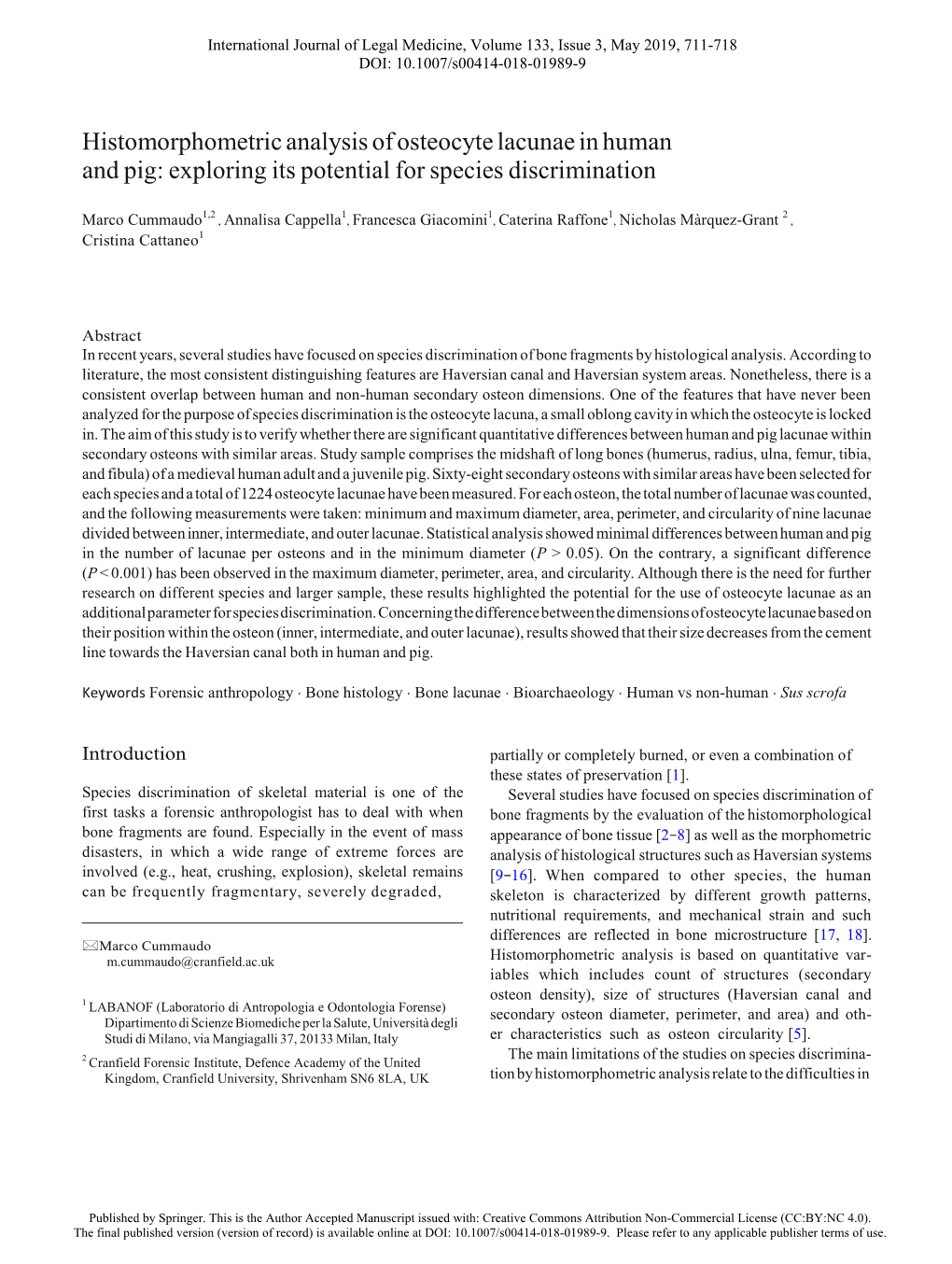 Histomorphometric Analysis of Osteocyte Lacunae in Human and Pig: Exploring Its Potential for Species Discrimination