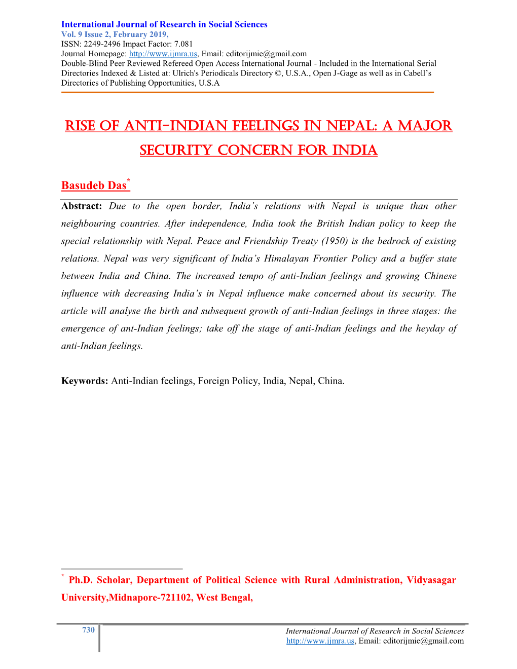 Rise of Anti-Indian Feelings in Nepal: a Major Security Concern for India