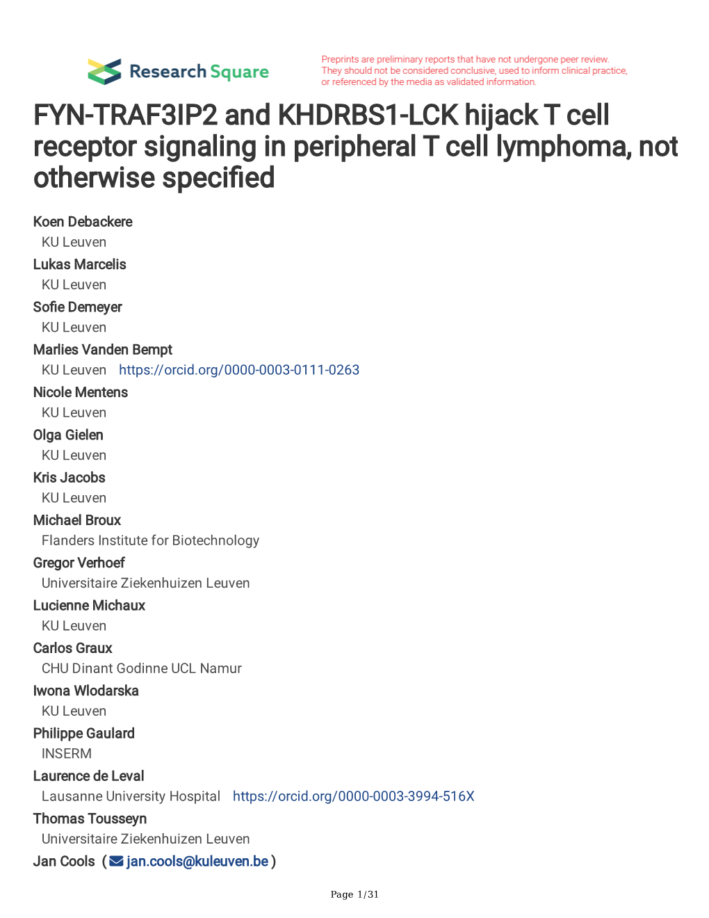 FYN-TRAF3IP2 and KHDRBS1-LCK Hijack T Cell Receptor Signaling in Peripheral T Cell Lymphoma, Not Otherwise Specifed