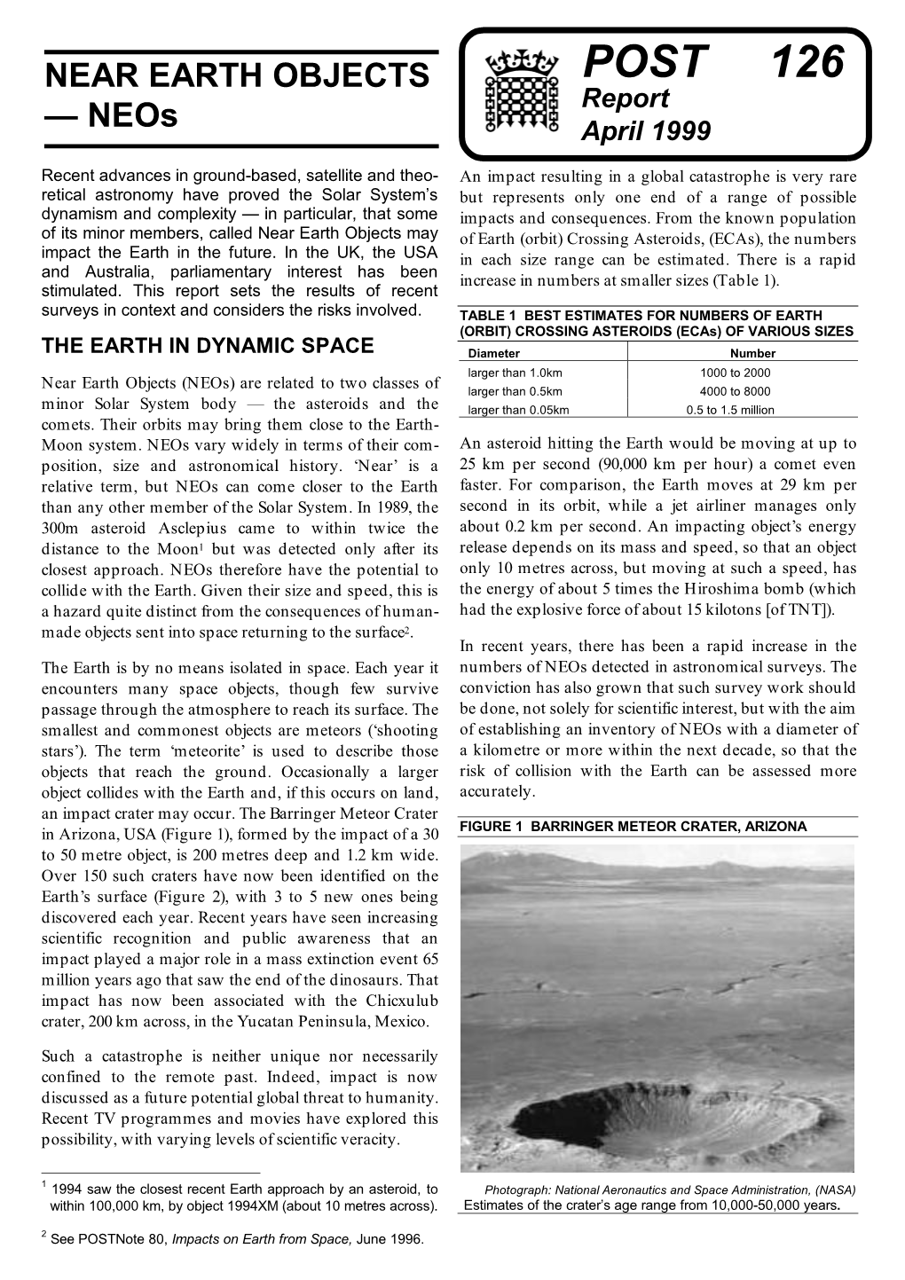 NEAR EARTH OBJECTS POST 126 Report — Neos April 1999