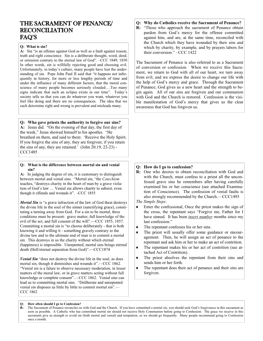 The Sacrament of Penance/ Reconciliation Faq's