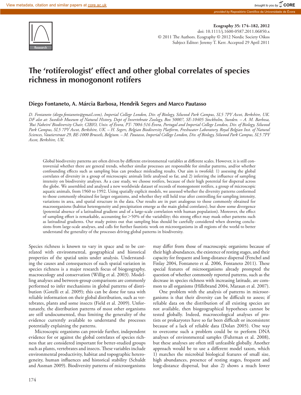 The Rotiferologist Effect and Other Global Correlates of Species